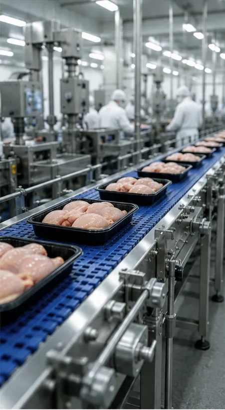 Barquettes de volaille sur une ligne de conditionnement