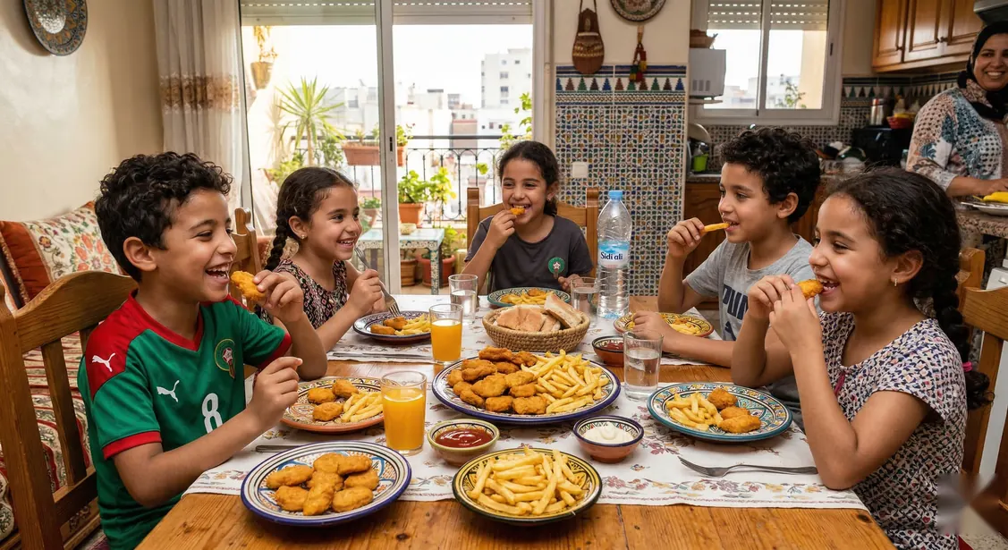 Repas de famille autour de nuggets et de frites