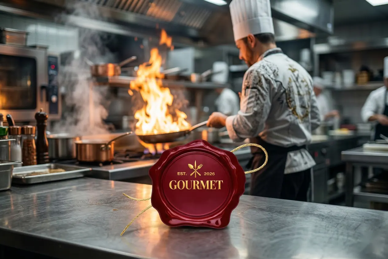 Chef en cuisine professionnelle, sceau Gourmet
