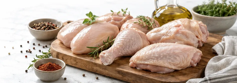 Cuisses et pilons de poulet sur planche en bois